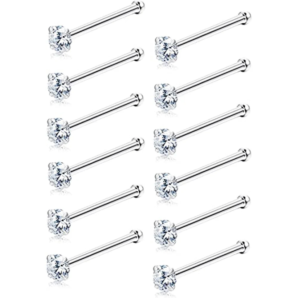 

12Pcs Nose Studs Rings Made with Crystal Piercing Pin Body Jewelry Surgical Stainless Steel 4 Prongs Setting Nose Stud Set