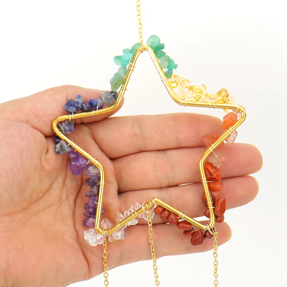 Handmade Sun Catcher Natural 7color Chakra Stone Hollow-out Stars With Alloy Moon Colorful Glass Crystal Pendant Christmas Gift