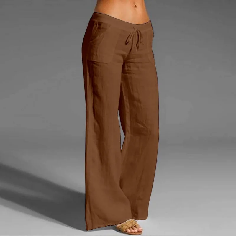 

Women Cotton Linen Pants Fashion Solid Color Elastic Waist Loose Straight Pants Female Ankle-length Trousers Summer Casual Pants