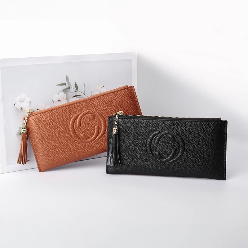

Genuine Leather Wallet Woman Large Capacity Card Clutch Bag Pure Color Allmatch Zipper Coin Purse Money Phone Case Bag