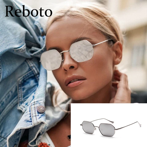 Солнцезащитные очки многоугольные женские в ретро стиле, модные классические ретро-очки с зеркальной металлической оправой, квадратной формы, в стиле 90-х, 2022