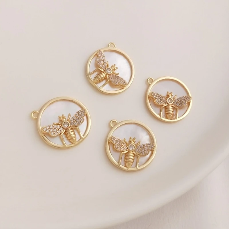 

14K Color Retention Real Gold Plated Copper Zircon Natural Shell 15MM Bee Pendant Charms DIY Findings Jewelry Making Accessories