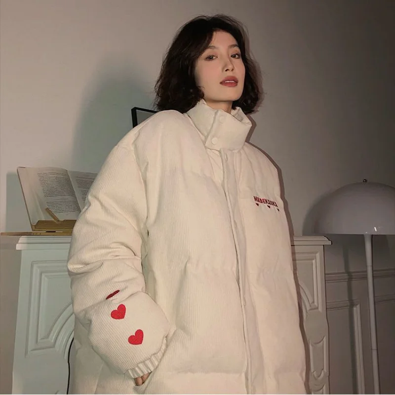 Parkas Jackets Corduroy Cotton Coat for Women Winter Coats New Style Peach Heart Embroidery  Hickened