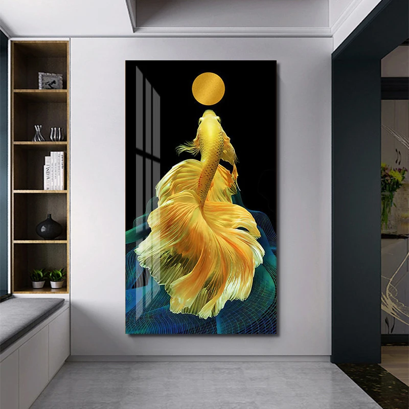 

Luxury Abstract Golden Yellow Moon Koi Fish Canvas Painting Wall Art Poster Picture for Office Aisle Living Room Home Decoration