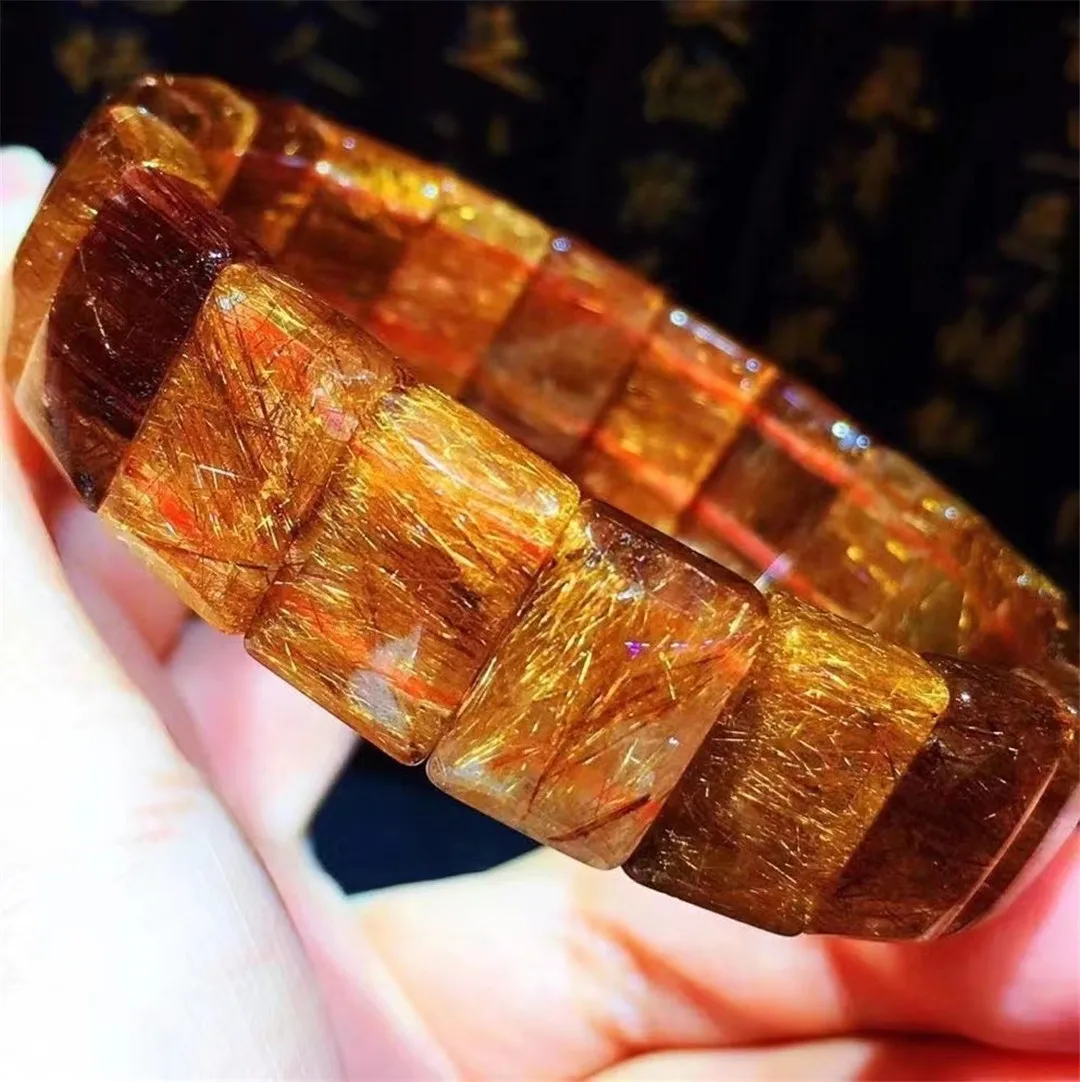 

Genuine Natural Copper Rutilated Quartz Clear Rectangle Beads Bracelet 14x10mm From Brazil Women Man Gift Crystal Jewelry AAAAA