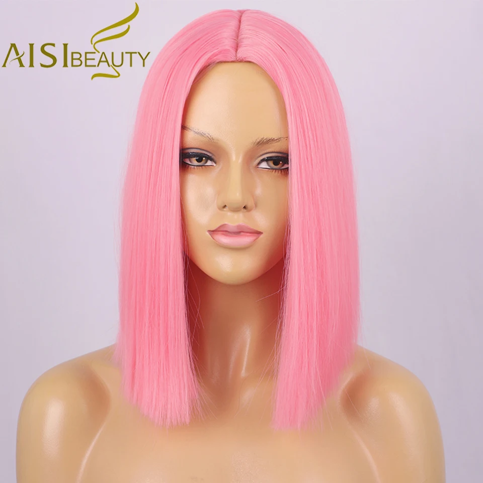 

AISI BEAUTY Synthetic Bob Wig Short Straight Pink Wigs for Women Black Red Purple Orange Cosplay Wigs Middle Point Halloween