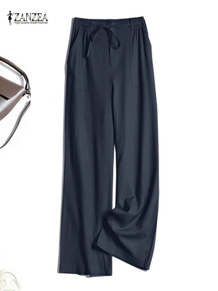 

ZANZEA Summer Solid Color Women Pant Fashion Casual Elegant Work OL Oversized PantsElastic Lace-Up Pure Cotton Hose Trousers