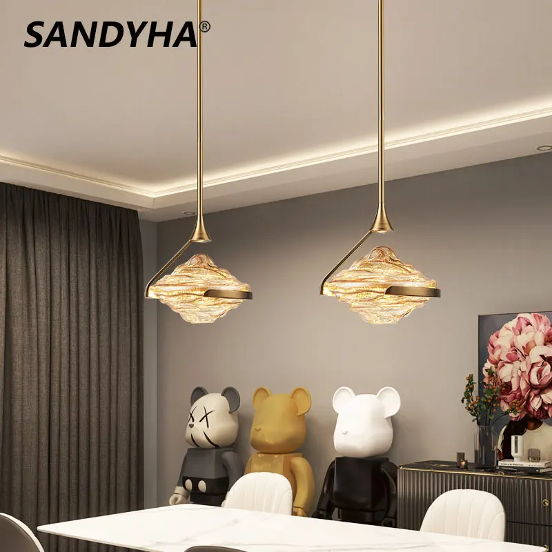 

SANDYHA Pendant Lamp Modern Simple Luxurious Iron Glass Chandelier Led Light for Dining Room Lustre Salon Design Luxe Home Decor