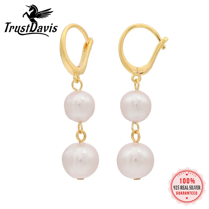 

TrustDavis New S925 Sterling Silver Earring Women Minimalist Gold Silver Baroque Pearl Hoop Earring Girls Wedding Jewelry K037