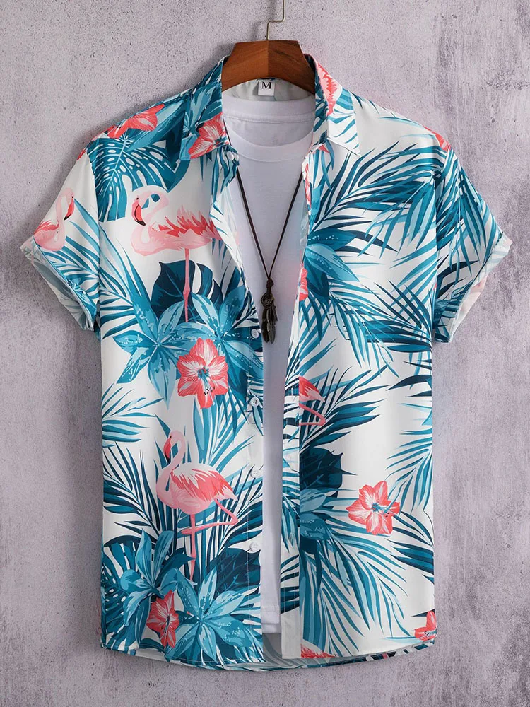 

Men Summer Hawaiian Shirt Fashion Flower Geometric Printed Shirts Single-breasted Beach Short SleeveTops Men's Holiday Clothing