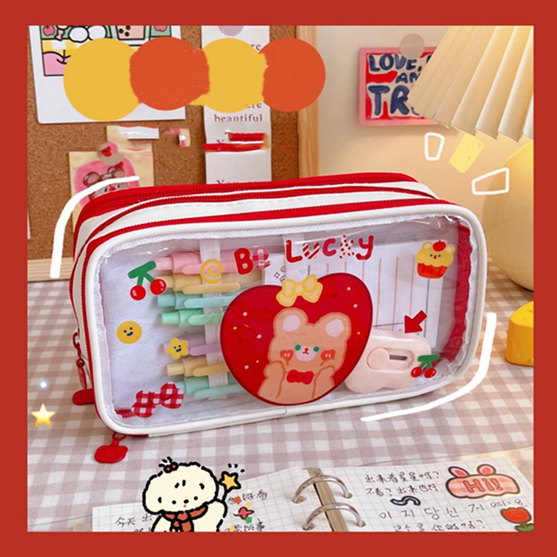 Large Capacity Pencil Case Three Layer Cartoon Animals PVC Pen Bag Storage Pouch Stationery Students Gift Makeup Cosmetic bag