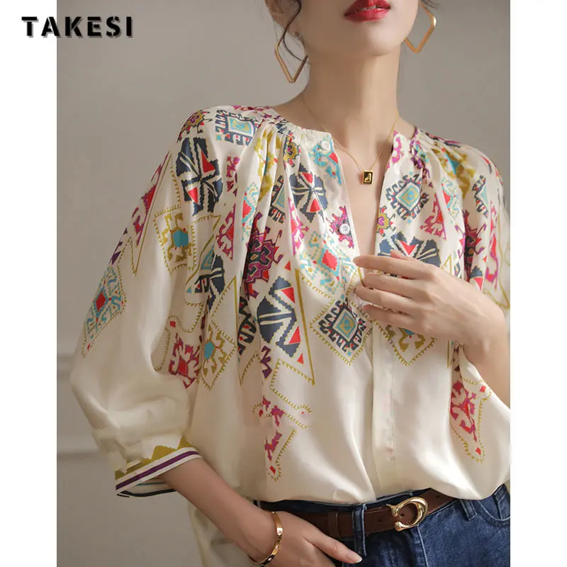 

French Style Elegant Half Open Collar Print Lantern Sleeve Blouses 2023 Summer Women's Vintage Casual Chiffon Thin Shirts Top