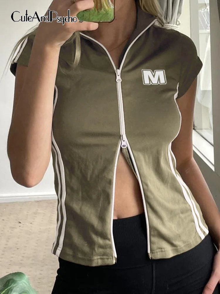 

Женская футболка на молнии с коротким рукавом, в стиле Харадзюку