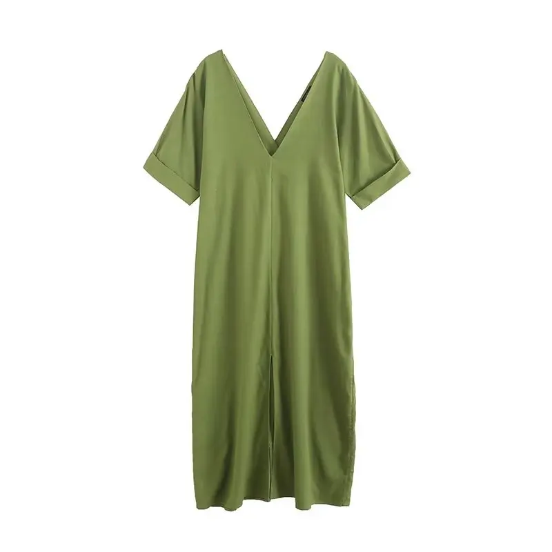 

Женское льняное платье с V-образным вырезом, свободное и удобное платье со складками и короткими рукавами, модная простая длинная юбка с разрезом, Новинка лета 2023