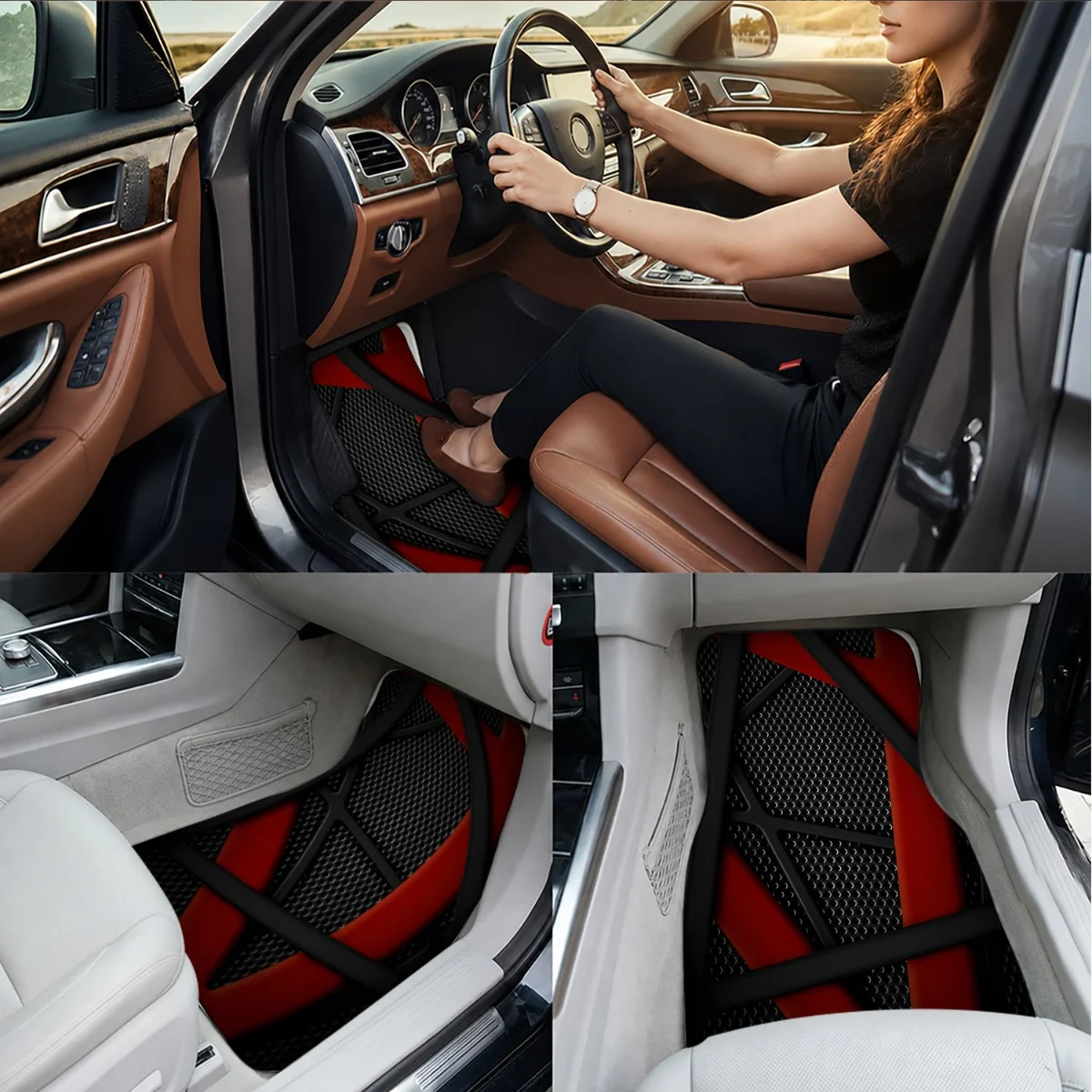 Фото Комплект из 4 универсальных автомобильных ковриков: черный сетчатый фон, красные нерегулярные полосы, всепогодные, противоскользящие, для салона автомобиля №5