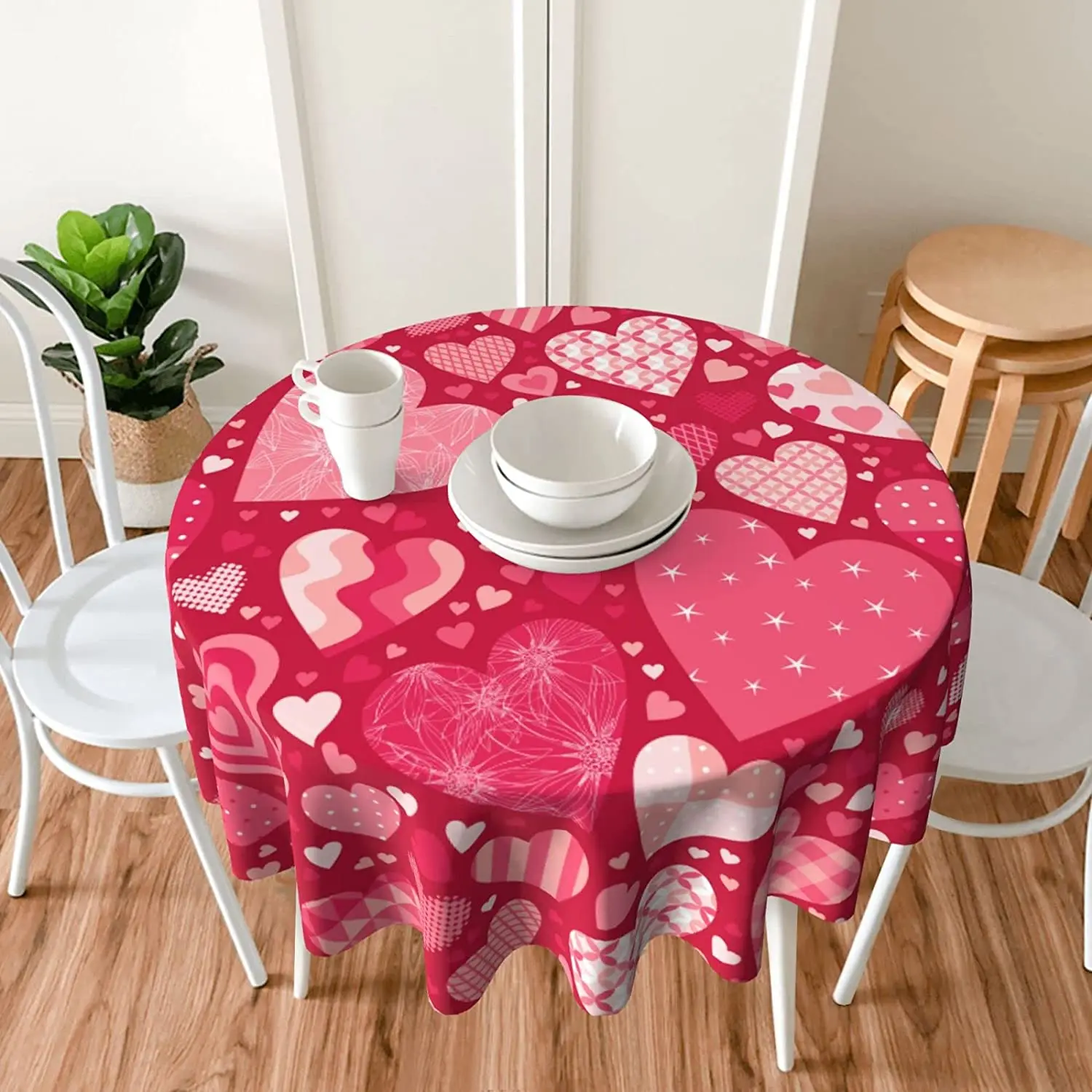 Happy Valentine's Day Tablecloth Round 60 Inch Ruitic Pink Red Love Heart Table Cloth Waterproof for Home Party Wedding Picnic