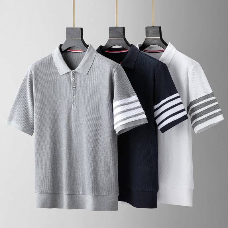 

TB THOM Men's T-shirt Korean Fashion Brand Waffle Pure Cotton Sweatshirts Summer Casual Daily 4-Bar Striped Lapel Polo Tops