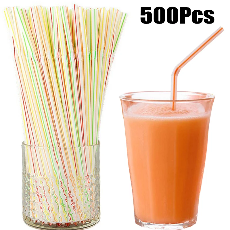 

500Pcs Colorful Disposable Straws Flexible Drinking Straws Plastic Striped Bendable Wedding Birthday Party Cocktail Drink Straw