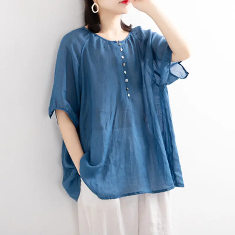 

Lightweight Solid Color Cotton Linen Retro Literary Summer Shirt Loose Short Sleeve Top Pullover Round Neck Blouse