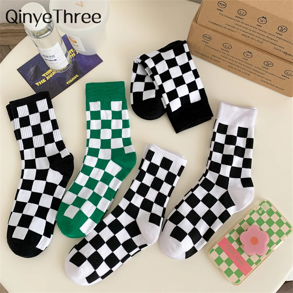 Funny Harajuku Trend Women Checkerboard Socks Men Hip Hop Cotton Unisex Streetwear Novelty Geometric Checkered Sokken Dropship