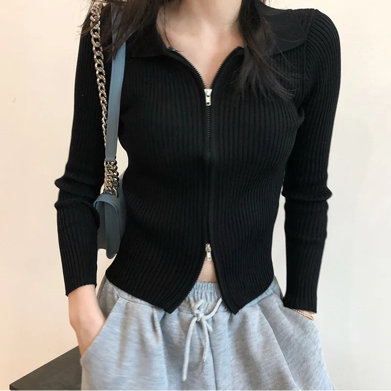 

Double zipper pit stripe knitted cardigan women's autumn and winter short jacket tight navel Lapel long sleeve top