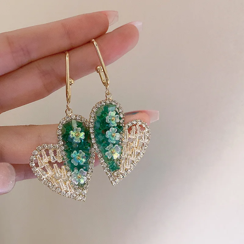 

Silver Needle Post Green Zirconia Flower Heart Earrings For Women Luxury Jewelry Shine Crystal Love Statement Big Pendientes