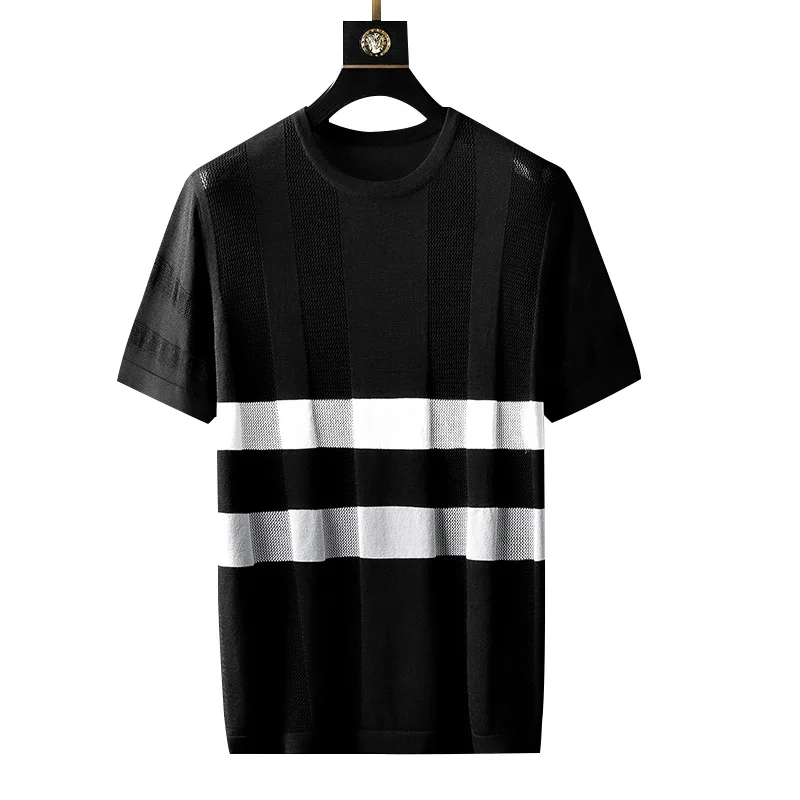 

Men's All-match Casual Bottoming Shirt Tees O-Neck Tops New Summer Knitted Short-sleeved Ice Fashion Striped Hollow T-shirt