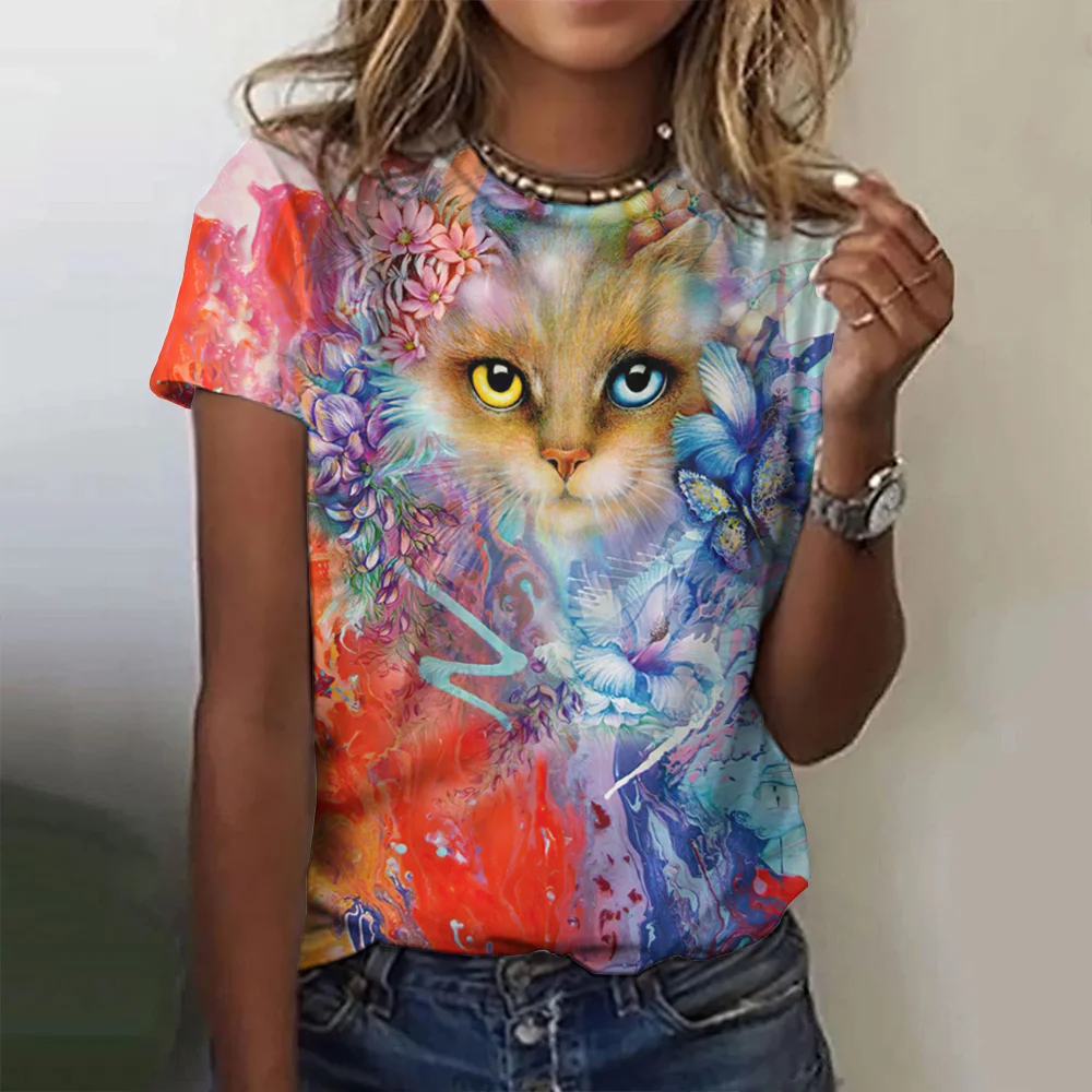 

3d Print Women's T-shirts Fashion Summer Tees Short Sleeve Blouse Female Retro Kitten Graphgic Clothing Casual Slim O-Neck Tops