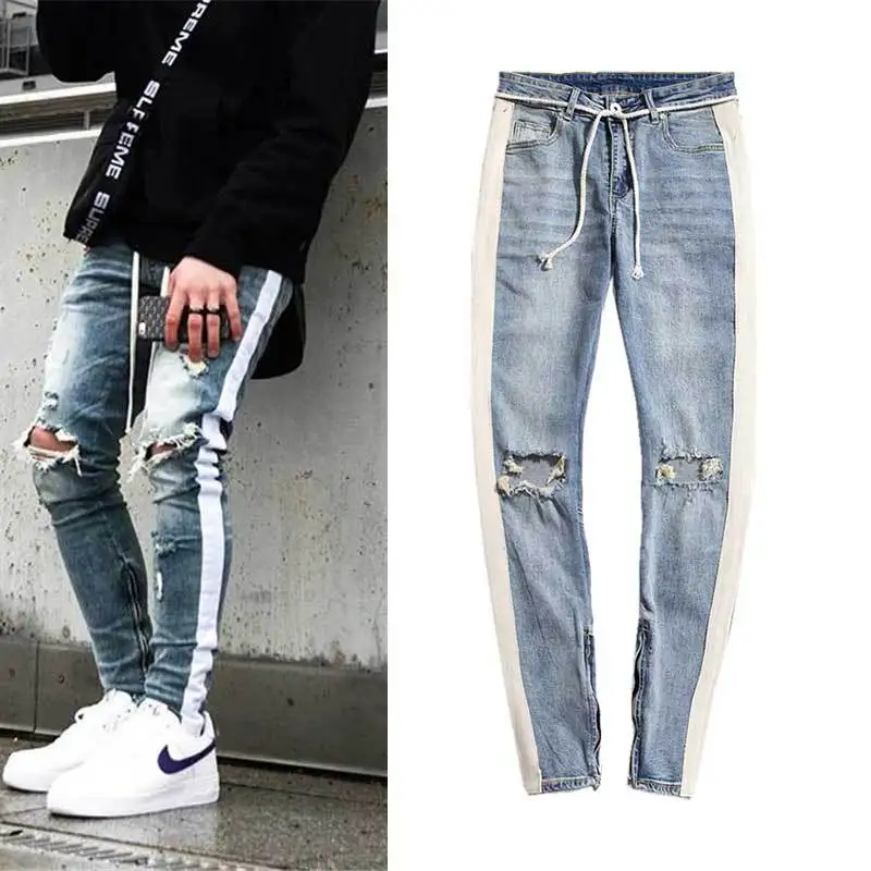 

2022New Spring High Street Retro White Stripe Edge Knee Big Damage Ripped Distressed Slim Side Zipper Men's Jeans Jeans for Men
