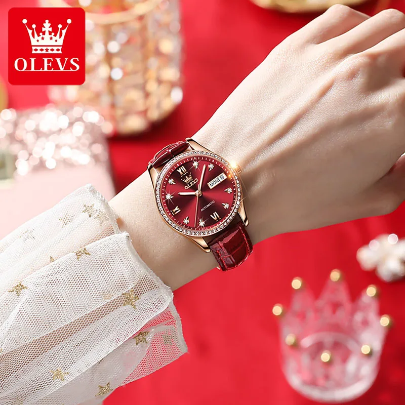 OLEVS Trend Womens Watches Fashion Rose Gold Case Casual Women Watch Leather Strap Waterproof Clock Mechanical Watch Luminous enlarge