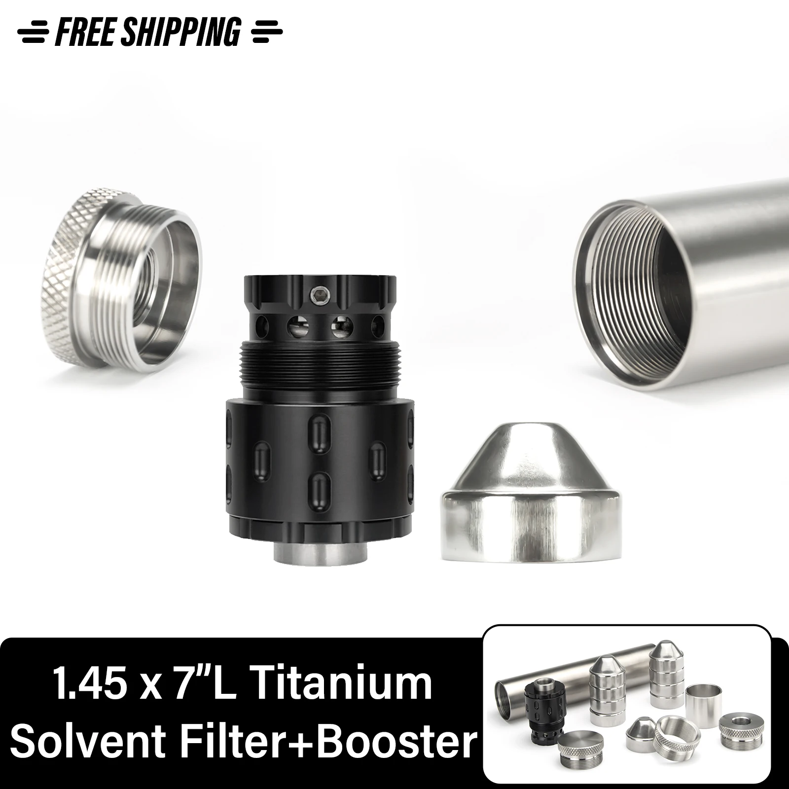 

1.45"OD 7"L Titanium Solvent Filter 9x SS Cups 5/8x24 + M34x1.25 to 1-3/16x24 Adapter + 1/2-28,.578x28,13.5x1LH,9/16x24 Booster