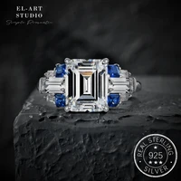 s925 silver 6 carat artificial sapphire rectangular ring asche high carbon diamond euramerican retro vintage anniversary gift