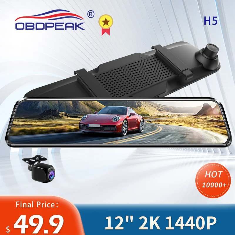OBDPEAK H5 12 Inch Touch Car DVR 2K Stream Media Rear view Mirror Dash Cam Auto Recorder Dashcam Dual Lens 1080P Rearview Camera