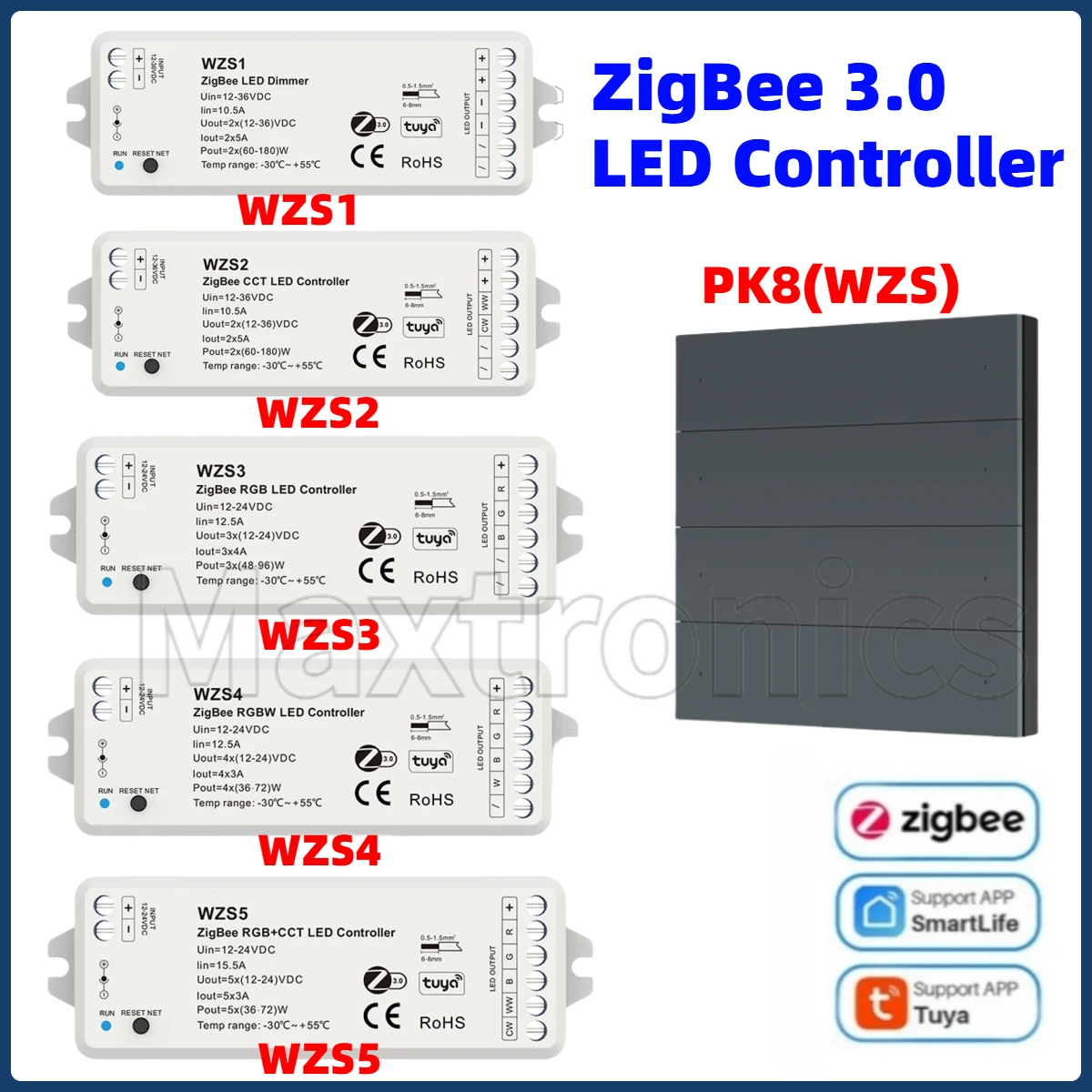 Фото Светодиодный контроллер ZigBee 3,0 CV WZS1/2/3/4/5 DC12-24V 36V 8-кнопочная настенная панель сцены PK8 (WZS) для одноцветного RGB CCT RGBW №1