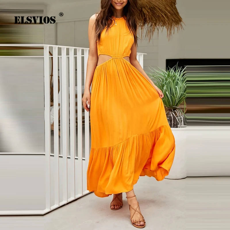 

Повседневное однотонное платье Макси А-силуэта, женские сексуальные ажурные платья без рукавов с высокой талией, летние женские модные веч...