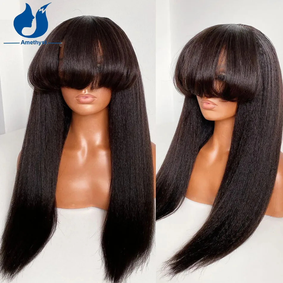 

Amethyst Kinky Straight Human Hair Wig With Bangs Brazilian Remy Hair Full Machine Made O Scalp Top Wig Yaki Straight For Women