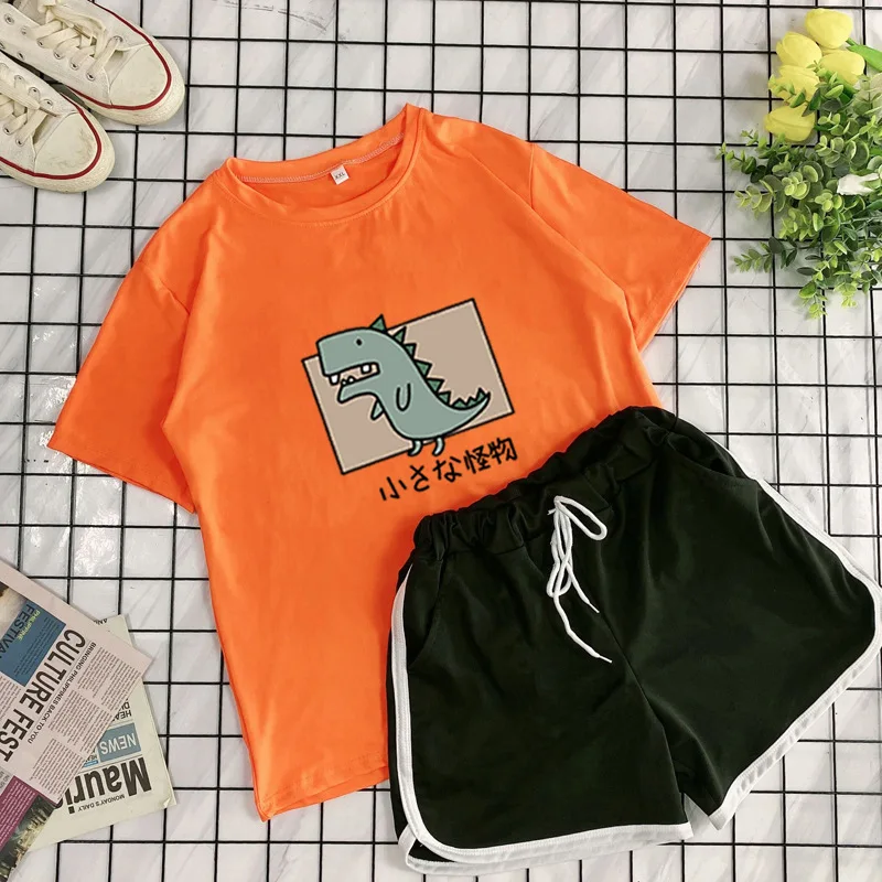 QWEEK Home Wear Sleepwear Sets for Women Pijamas Lovely Pattern Pajamas Hot Sale Femme Suits with Shorts Korean Loungewear