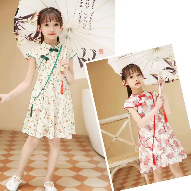 

Платье Чонсам для девочек, Новинка лета 2022, детское платье принцессы ханьфу в китайском стиле, платье с изысканной вышивкой и принтом