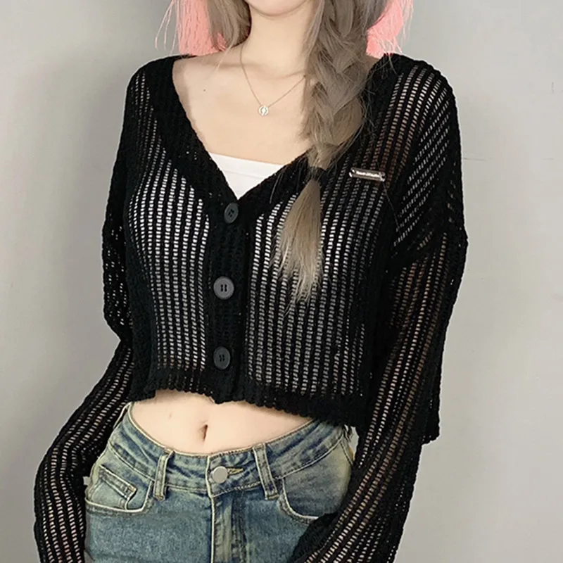 

Combhasaki Women Y2K Vintage Thin Knitted Cardigan Solid Color Hollow-Out V-Neck Long Sleeve Sunscreen Button-Down Crop Tops