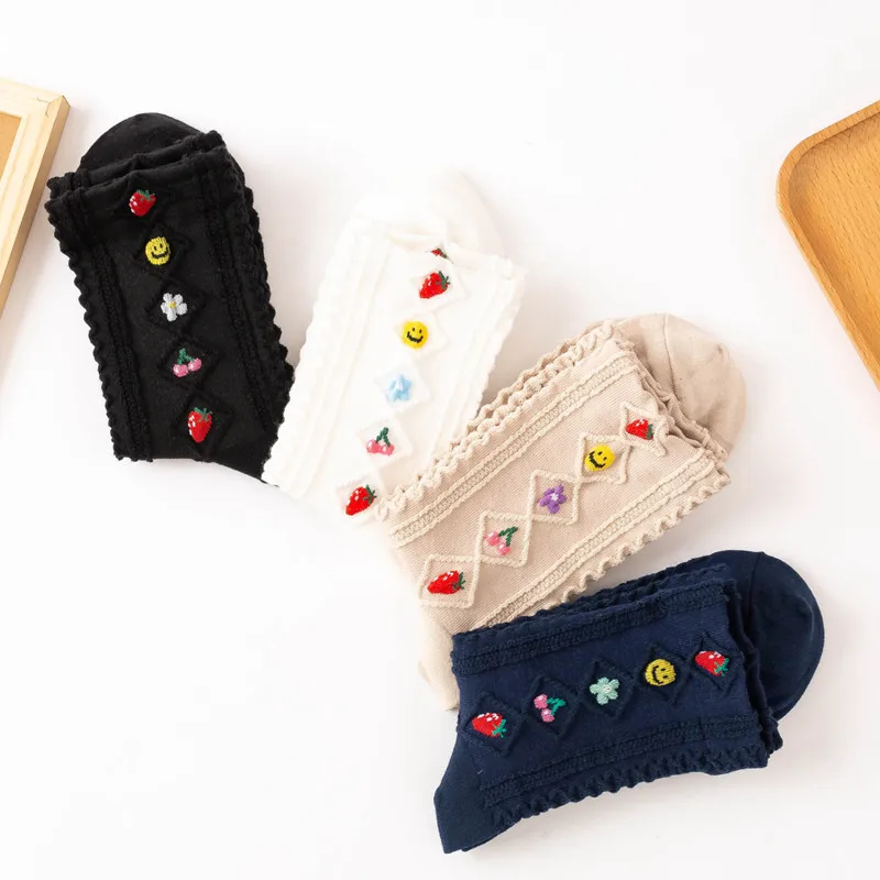 4pairs Spring  Autumn Socks Women's Tube Cotton Japanese JK Fruit Smiley Sweet Beauty Three-dimensional Embossed Flowers Piles