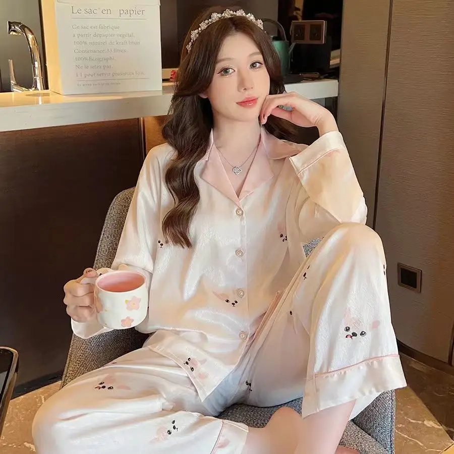 Ice silk pajamas, Ms. Summer new long-sleeved pants sexy women in the spring and autumn silk two-piece household to take