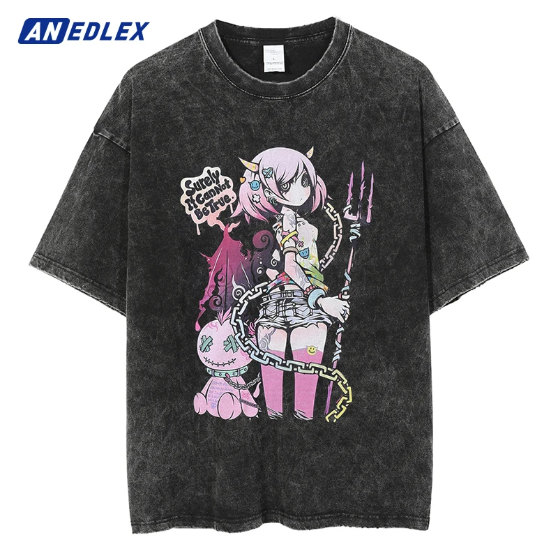 

Men Washed Oversized Streetwear Japanese Anime Print Hip Hop Black TShirt Retro Casual Tshirt Harajuku Cotton Tops Tees Tops
