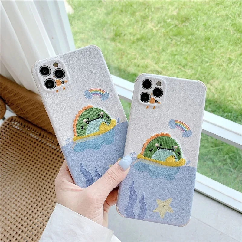 2022.Cute Phone Case For Iphone 12 Pro Max Mini 11 7 8 Plus X XS Max XR SE Dinosaur Cartoon Case Cover Lens Protection