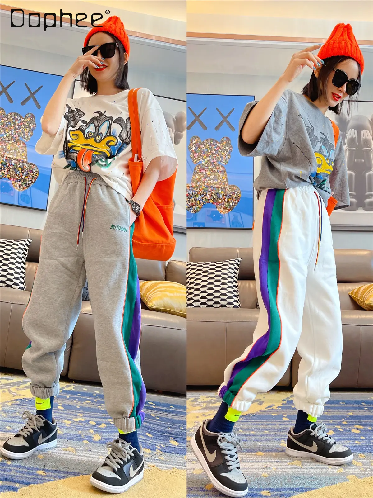 Winter Clothes Fleece-Lined Thickened High Waist Stitching Gray Sweatpants Women Loose-Fitting Casual Ankle-Banded Harem Pants