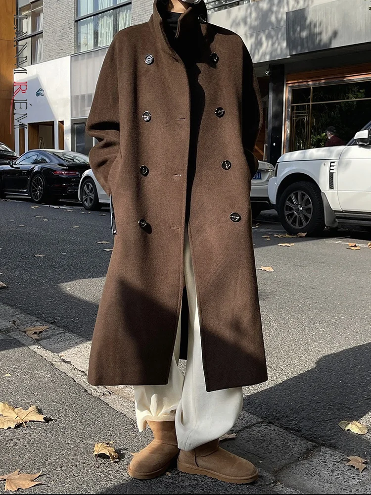 

Женское шерстяное пальто LANMREM, однотонное простое пальто с воротником-стойкой и длинным рукавом, двубортное пальто, новинка зимы 2023, 26D569