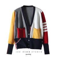 tb college style color matching cardigan chic wild small fresh v neck knitted sweater short coat top
