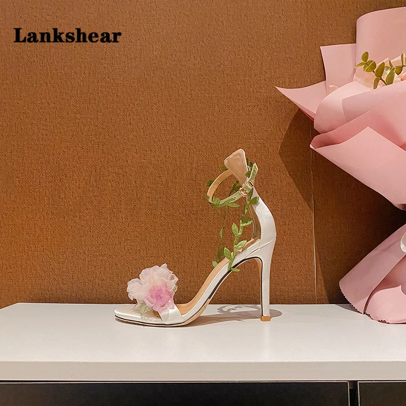 Women Pink Chiffon Flower High Heels Sandals One Word Rattan Strappy Sandals White Pink Ankle Strap Women's Wedding Shoes