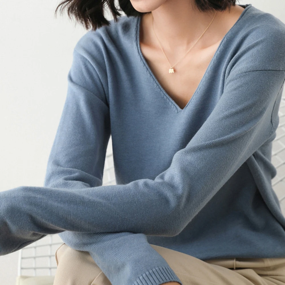 

Женский свитер, кашемировый пуловер, топы, вязаный джемпер, зимний свитер, Осенние однотонные шерстяные кашемировые Свободные вязаные топы с V-образным вырезом