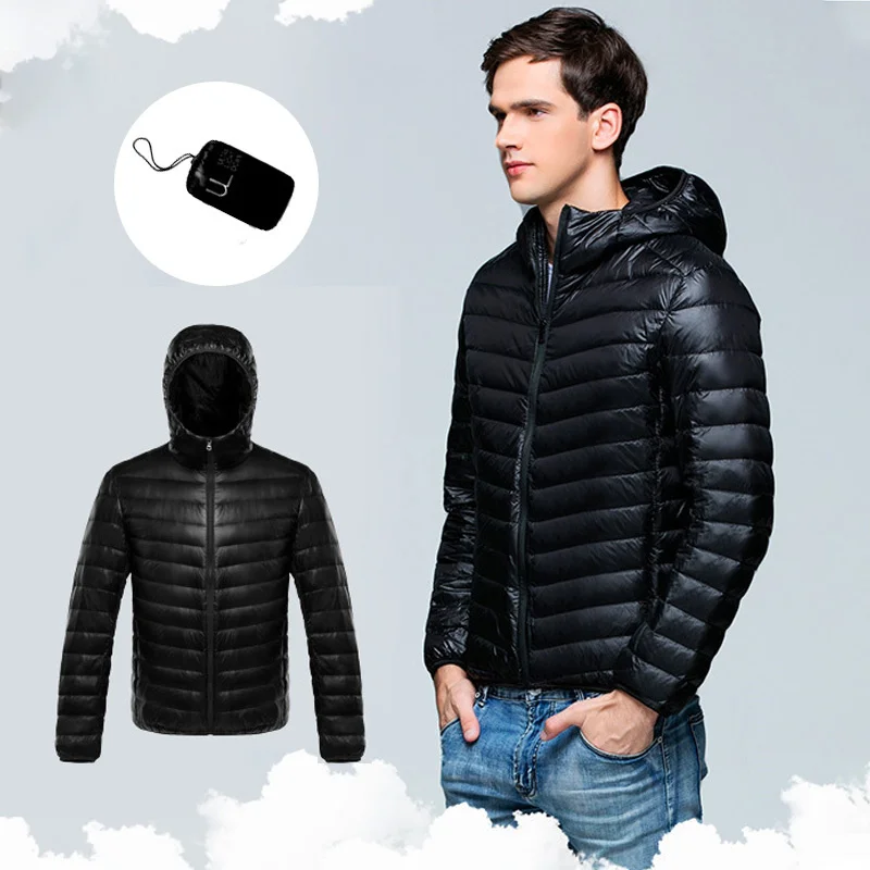 

Men's Packable Jacket Hooded Lightweight White Duck Down Puffer Insulated Coat for Travel Outdoor Hiking Plus Size 5XL