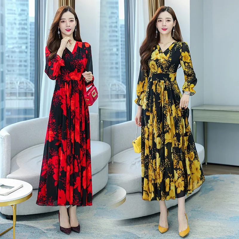 Muslim Floral Chiffon Long Sleeve Maxi Dress Spring Autumn New V-Neck Elegant  Dress 2023  muslim dress women  فستان
